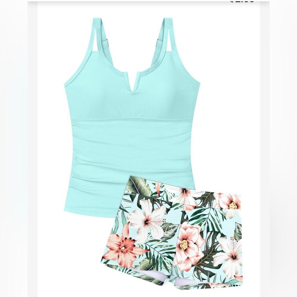 New Aqua TyeSmo Girls Swimsuit 2 Piece Tankini Tropical Print w/Shorts S:15-16Y